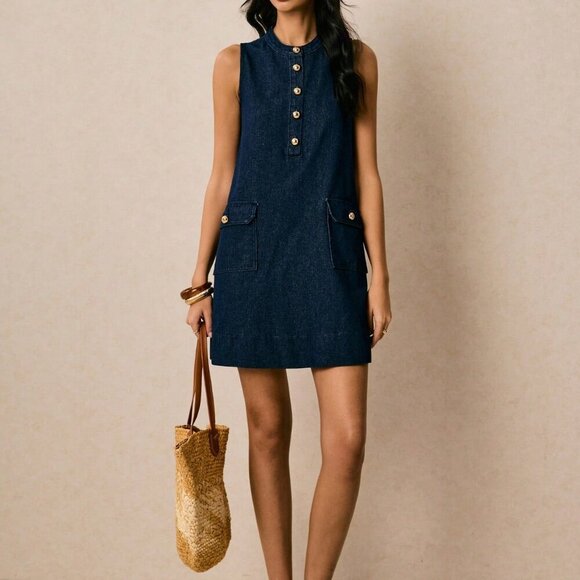 Dark Wash Casual Women's Denim Sleeveless A-Line Dress - Picture 3 of 8